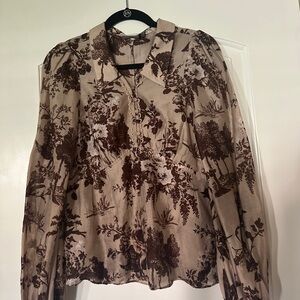 Brown and Cream Boxy Blouse with Mock Neck and Long Puff Sleeves